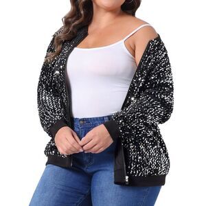 Plus Size Sparkle Long Sleeve Front Zip Bomber Jacket with Pockets Silver